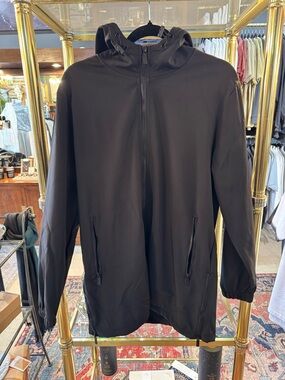 Men's Black Hooded Mid-Length Windbreaker Jacket